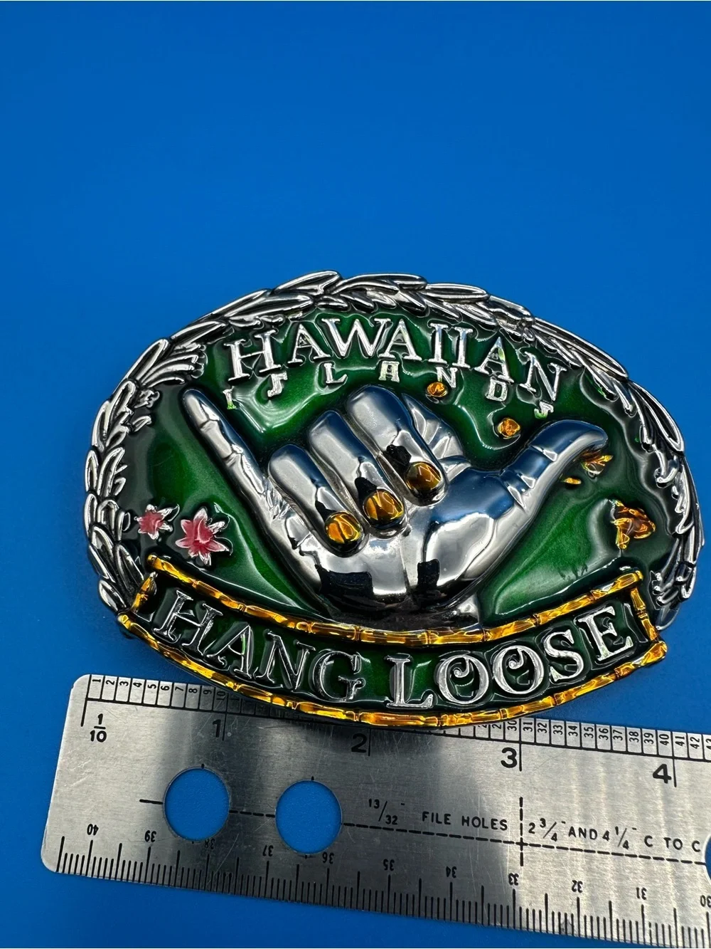 Vintage Hawaiian Islands Hang Loose Shaka Belt Buckle, NWT-Enamel in Silver Tone